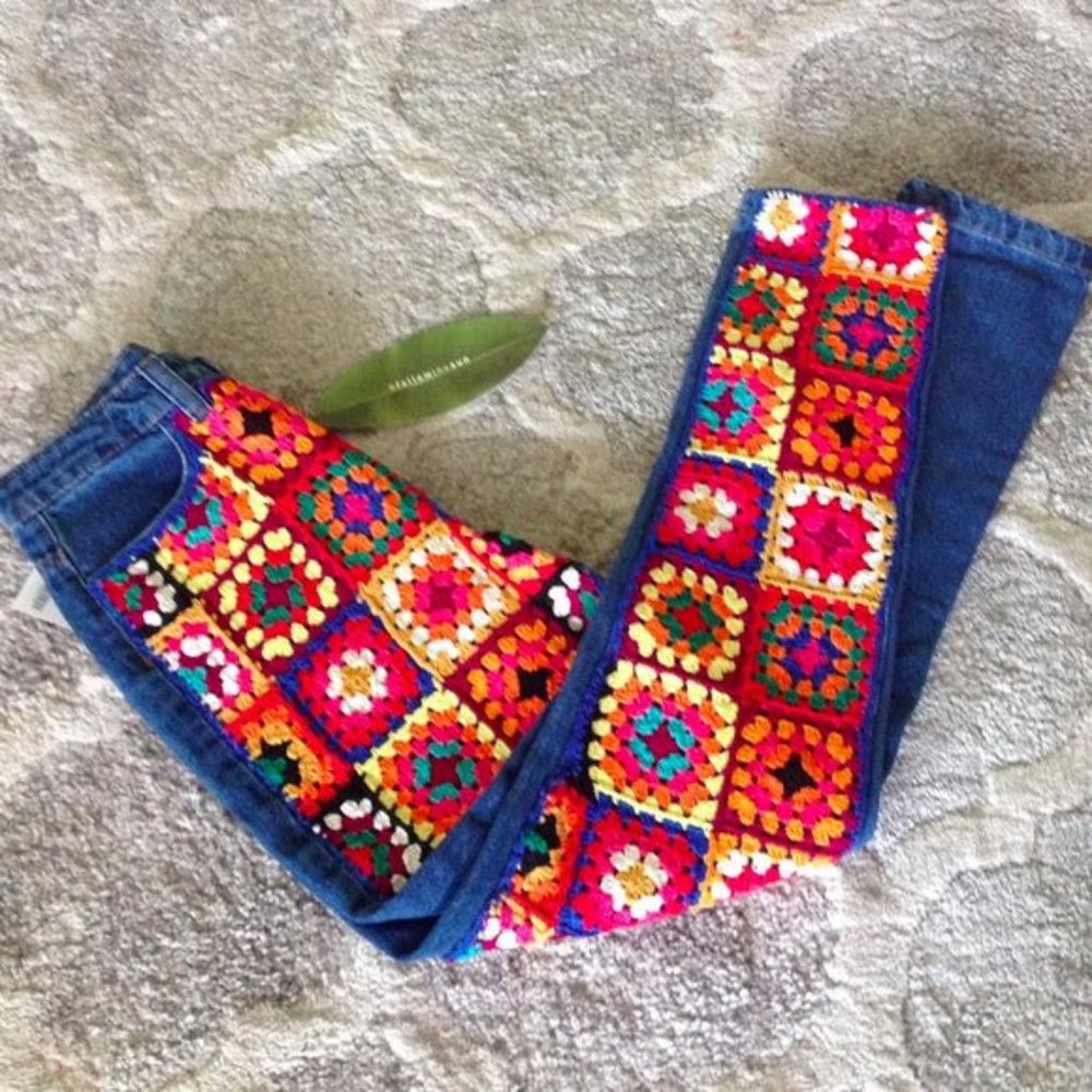 Farm Rio Granny Crochet Squares Jeans Boho Hippie Festival - Picture 4 of 11